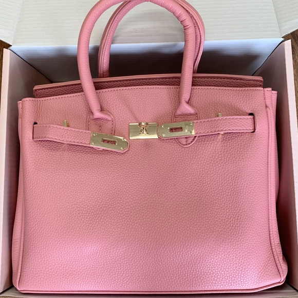 Lock Closure Top Handle Handbag in Pink Faux Leather - Picture 3 of 3
